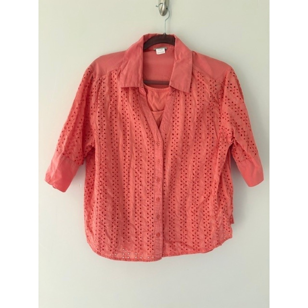 Sara‎ Morgan Womens Coral Pink Eyelet Embroidered Button Down Cotton Shirt Large